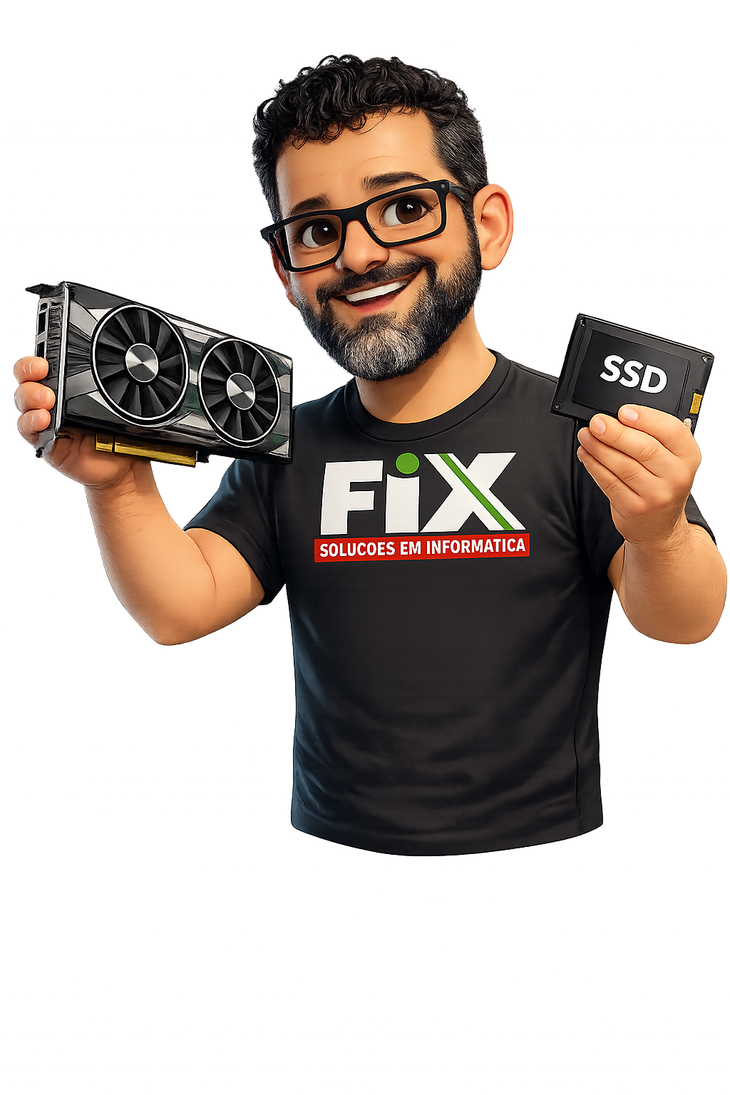 Mascote da Fix apresentando uma placa de vídeo e um SSD