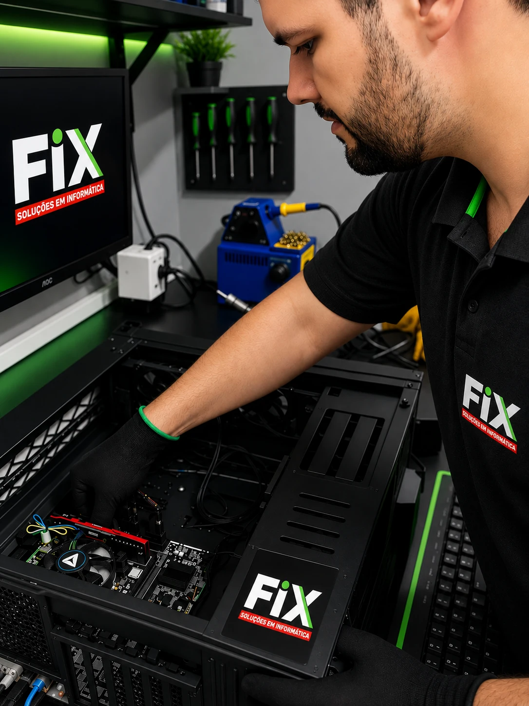Técnico da Fix trabalhando em um computador